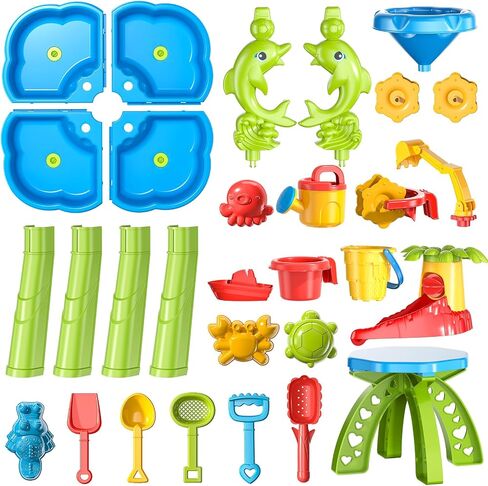 TEMI 3-in-1 Sand Water Table, 28PCS Kids Beach Summer Toys Sensory Play Table with Dolphin Water Wheel, Molds, Bucket, Shovel for Toddlers Boys Girls in Saudi Arabia