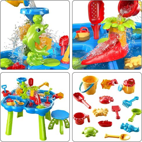 TEMI 3-in-1 Sand Water Table, 28PCS Kids Beach Summer Toys Sensory Play Table with Dolphin Water Wheel, Molds, Bucket, Shovel for Toddlers Boys Girls in Saudi Arabia