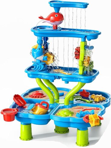 TEMI 3-in-1 Sand Water Table, 28PCS Kids Beach Summer Toys Sensory Play Table with Dolphin Water Wheel, Molds, Bucket, Shovel for Toddlers Boys Girls in Saudi Arabia