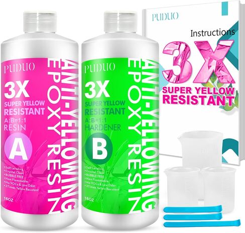 Epoxy Resin Crystal Clear Kit for Art, Jewelry, Crafts, Coating- 16 OZ Including 8OZ Resin and 8OZ Hardener | Bonus 4 pcs Measuring Cups, 3pcs Sticks, 1 Pair Rubber Gloves by Puduo in Kuwait