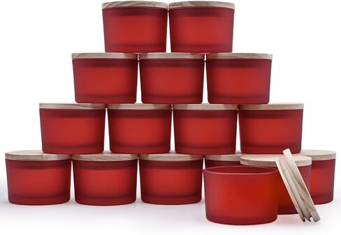SHOWIN Thick Candle Jars for Making Candles 16 Pcs, 7 OZ Empty Jars with Wood Lids for Candle Making, Sample Container, Frosted Red in Kuwait