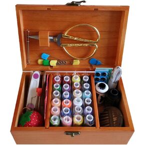 A.Dinsenen Wooden Sewing Basket with Complete Sewing Kit - 24 Thread Colors, Scissors, Needles, Buttons, Seam Ripper, Thimble & Tape Measure - Perfect for Sewing, Mending, and Gift Giving