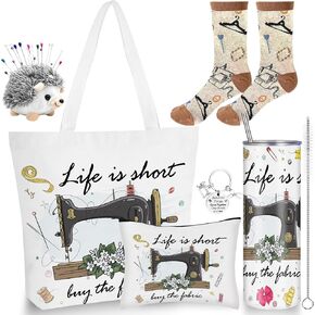 6 Pcs Sewing Gifts for Seamstress Quilter Gifts Stuff Include 20 oz Quilting Tumbler Sewing Tote Bag Cosmetic Bag Socks Keychain Funny Quilting Sewing Gifts for Sewing Lovers Women Christmas Gifts