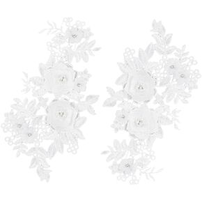 GORGECRAFT 2Pcs 3D Flower Lace Appliques White Pearl Beaded Embroidered Sew on/Iron on Patch Floral Motif Cloth Collar Trim Patches for Wedding Gown Bridal Dress Decor Clothing Pants Sewing DIY Crafts