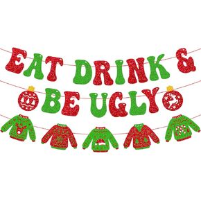 Eat Drink & Be Ugly Banner Ugly Sweater Christmas Decorations It’s Get Ugly Garland Merry Christmas Winter Happy Holiday Festival Decor Glitter Red Green Ugly Sweater Party Supplies in Kuwait