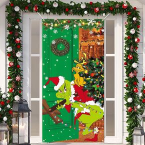Large Christmas Decorations Door Cover 6x2.9 Ft Green Door Snowflakes Merry Christmas Backdrop Funny Xmas Hanging Background for Indoor Outdoor Door Banner Party Supplies