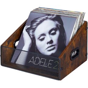 Vinyl Record Storage Holder, Stepped 3 Tier LP Vinyl Record Crate with Metal Grid, Wooden Album Storage Desktop Organizer Box for Vinyl, Rustic Brown & Black (Patent Pending)