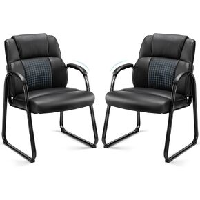 Sweetcrispy Waiting Room Guest Chair Set of 2, Leather Stationary Office Reception Chairs No Wheel, Comfy Padded Arms and Seld Base, for Conference Room Lobby Home Computer Desk Bedroom Elderly, Black