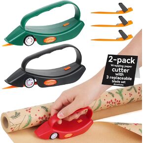 2PC Wrapping Paper Cutter Gift Wrap Cutter Christmas Wrapping Paper Cutter Slider Cutter Tool Paper Roller Cutters for Christmas Gift Wrapping Packing with 3 Replaceable Blades (Red & Green)