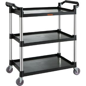 VEVOR Utility Service Cart, 3 Shelf 220LBS Heavy Duty Service Cart, Rolling Utility Cart with Lockable Wheels, Plastic Utility Cart for Kitchen Office Restaurant Home, Black