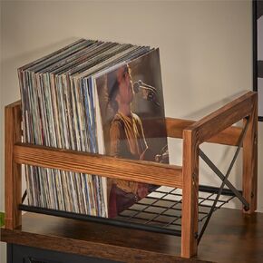 X-cosrack Vinyl Record Holder for 7"–12" Albums, Holds 50–100 Records, DVDs, or CDs - Modern Wooden Storage Stand, File Organizer Rack, Brown