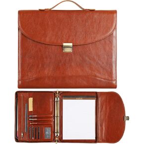 Genuine Leather Portfolio,3 Ring Binder Portfolio Organizer with Zipper,Professioal Business Portfolio Padfolio for Men and Women,Portfolio with Handle
