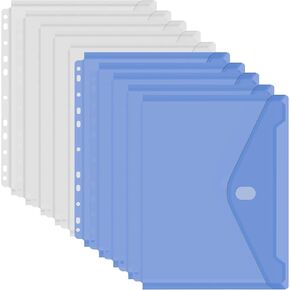YoeeJob 11 Holes Clear Poly Envelope Binders Pocket Insert with Hook and Loop Closure Letter Size 10 Packs(Blue + Transparent)