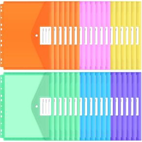 EOOUT 30Pcs Binder Pocket, Binder Organizer, 11 Holes Clear Poly Binder Envelope with Hook and Loop Closure, Plastic Binder Folders for School and Office Supplies, Letter Size