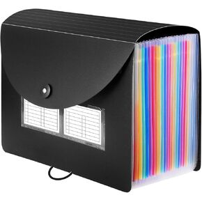Sooez 24 Pockets Expanding File Folder with Blank Labels, According File Organizer with Expandable Cover, Desktop Accordion Folders Letter A4 Paper Document Storage Organizer, Black
