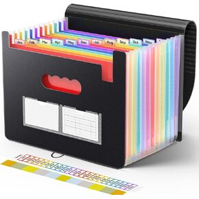 Sooez Accordion File Organizer, 12 Pockets Expanding File Folder, Portable Monthly Paper Bill Tax Receipt Organizer, Letter A4 Size Document Holder with Blank Labels
