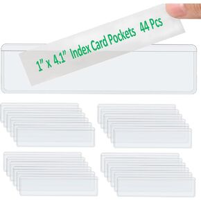 44 Pack Labels for Storage Bins, Adhesive Pockets, Index Card Pockets with Top Open for Loading, Clear Plastic Labels Holders for Organizing Storage Bins, Drawer, Library Card, 3x5 Inch