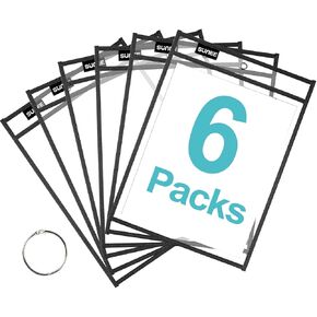 SUNEE 6 Packs Oversized Reusable Dry Erase Pocket Sleeves with Binder Ring, 6 Assorted Colors 10x14 Ticket Holders, Clear Plastic Sheet Protectors, Teacher School Classroom Supplies