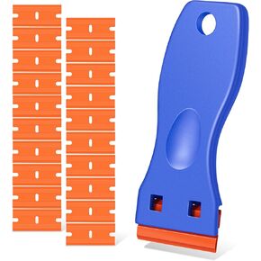 Plastic Razor Blade Scraper, Scraper Tool with 20 PCS Plastic Razor Blades for Removing Labels Adhesive Decals Sticker from Windows Glass (Blue)
