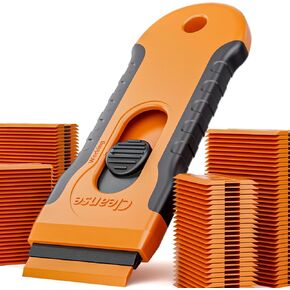 100Pcs Plastic Razor Blade Scraper with Retractable Blade: Without Damaging Surfaces Cleaning Tool for Adhesive Remover, Sticker Remover, Labels, Paint, Work on Cars, Windows, Trucks, Mailboxes