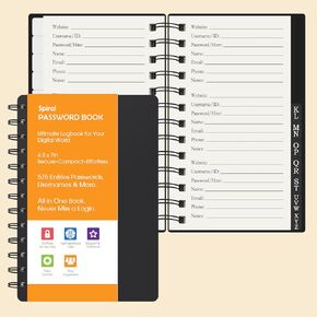 A6 Spiral Password Book with Alphabetical Tabs, Black, 576 Passwords Large Print Internet Address Organizer Logbook. Small Pocket Password Book Keeper for Website Logins, 4.5 x 7in