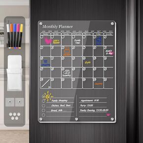 IDEATECH Acrylic Magnetic Fridge Calendar Planner 2025, Clear Dry Erase Board for Refrigerator, 2in1 Vertical Monthly & Weekly Planner to Do Grocery List Board,Family Calendar WhiteBoard Magnet(White)