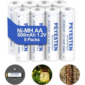 1.2V 600mAh AA NiMh Rechargeable Batteries, Double A Battery for Solar Lights, Outdoor Lights, String Lights, 12 Packs