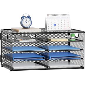 Lavatino 14 Compartments Paper Organizer for Desk, Mesh Literature Organizer, Mail File Sorter Tray with Handle, Desktop Mailbox for Office Classroom Home, Black