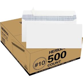 HERKKA #10 Security Self-Seal Envelopes, No.10 Windowless Bussiness Envelopes, Security Tinted with Printer Friendly Design - Size 4-1/8 x 9-1/2 Inch - White - 24 LB - 500 Pack