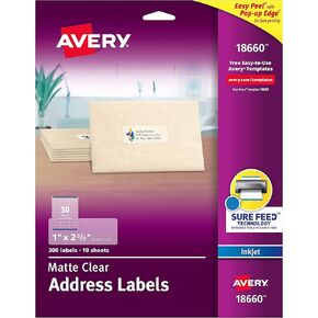 Avery 18660 Matte Clear Easy Peel Address Labels, Inkjet, 1 x 2 5/8, 300/Pack