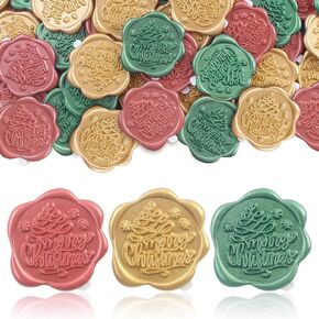 Christmas Wax Seal Stickers, 48 Pcs Gold Red Green Self Adhesive Sealing Wax Sticker, Envelope Seal Stickers with Merry Christmas for Envelopes Sealer, Wedding Invitation, Gifts Wrapping
