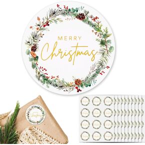 120pcs 1.6'' Merry Christmas Stickers for Cards Envelope Seals Large Gold Foil Green Holiday Wreath Round Adhesive Stickers for Invitation Bag Seals Bottle Parcels