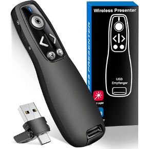 Presentation Clicker Wireless Presenter Remote Clicker with Red Light Pointer, RF 2.4GHz USB Presentation Pointer PPT Slide Advancer for Mac/Google Slide/Keynote with Ergonomic Design, Volume Control