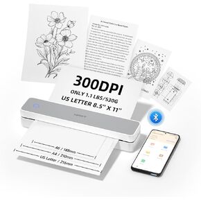 طابعة HPRT المحمولة لاسلكية للسفر، تدعم 8.5x11 US Letter&A4 ورق حراري، طابعة حرارية بلوتوث 300 نقطة في البوصة، متوافقة مع هواتف Android وiOS والكمبيوتر المحمول، طابعة بدون حبر (أبيض)