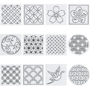 FREEBLOSS 12Pcs 5.5 * 5.5inch Plastic Sashiko Stencils Drawing Stencils Embroidery Patterns 12 Different Japanese Style Patterns Embroidery Templates for Hand Quilting
