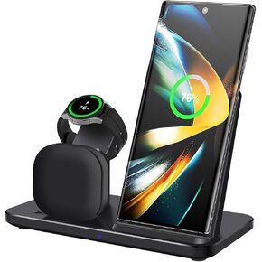 3 in 1 Wireless Charger DINTNCCM Fast Wireless Charging Stand Station Foldable for Samsung Galaxy S24 Ultra/S23+/S22/S21/S20/S10/S9, Galaxy Watch6/6 Classic/5 LTE/4/3,Active 2/1, Galaxy Buds (Black)