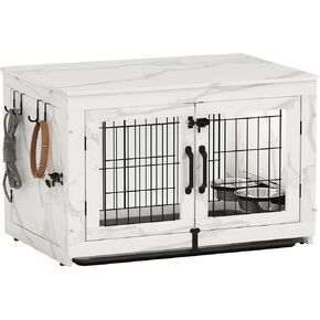 Piskyet Wooden Dog Crate Furniture with 360°Rotatable Removable Dog Bowls, Dog Crate End Table with Tray, Double Doors Dog Kennels for Dogs(M:31.8" L*22.1" W*24.1" H,Marble White)