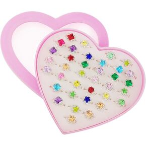 36 pcs Little Girl Play Rings, Adjustable Rhinestone Gem Rings in Box, Children Kids Jewelry Rings Set with Heart Shape Display Case, Girl Pretend Play and Dress up Rings for Kids