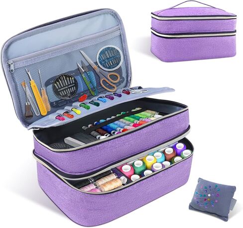 Sewing Organizer Bag - 11.5"x8"x6" Double-Layer Sewing Box with Storage for Scissors, Thread, Pins, Needles, Clips (Purple) in Saudi Arabia