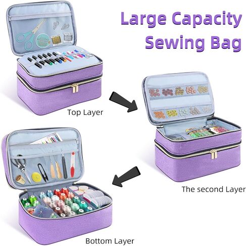 Sewing Organizer Bag - 11.5"x8"x6" Double-Layer Sewing Box with Storage for Scissors, Thread, Pins, Needles, Clips (Purple) in Saudi Arabia