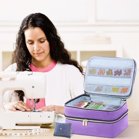 Sewing Organizer Bag - 11.5"x8"x6" Double-Layer Sewing Box with Storage for Scissors, Thread, Pins, Needles, Clips (Purple) in Saudi Arabia