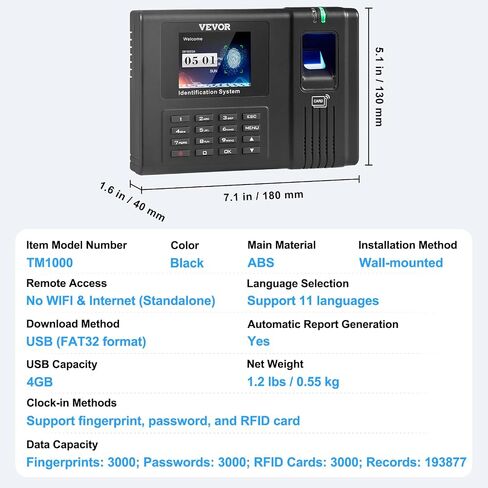 ساعات زمنية VEVOR للموظفين في الشركات الصغيرة مع الوجه وبصمة الإصبع وRFID وPIN اللكم في ساعة واحدة، ساعة زمنية بيومترية مع 5 بطاقات RFID ومحرك أقراص USB، ثقب تلقائي للداخل/الخارج، بدون رسوم شهرية in Saudi Arabia