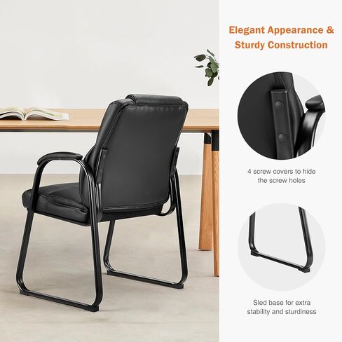 Sweetcrispy Waiting Room Guest Chair Set of 2, Leather Stationary Office Reception Chairs No Wheel, Comfy Padded Arms and Seld Base, for Conference Room Lobby Home Computer Desk Bedroom Elderly, Black in Kuwait