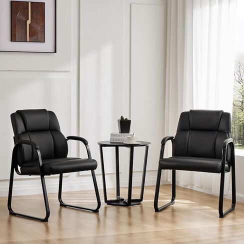 Sweetcrispy Waiting Room Guest Chair Set of 2, Leather Stationary Office Reception Chairs No Wheel, Comfy Padded Arms and Seld Base, for Conference Room Lobby Home Computer Desk Bedroom Elderly, Black in Kuwait