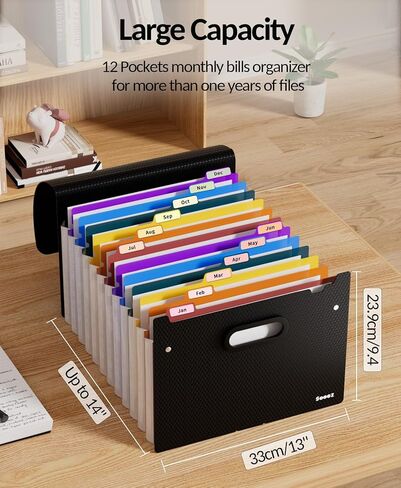 Sooez Accordion File Organizer, 12 Pockets Expanding File Folder, Portable Monthly Paper Bill Tax Receipt Organizer, Letter A4 Size Document Holder with Blank Labels in Saudi Arabia