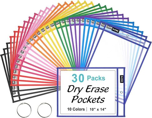 SUNEE 30 Packs Oversized Reusable Dry Erase Pocket Sleeves with 2 Rings, 10 Assorted Colors 10x14 Ticket Holders, Clear Plastic Sheet Protectors, Teacher School Classroom Supplies in Saudi Arabia