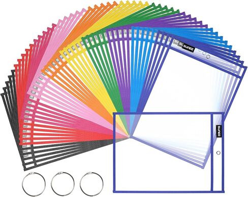 SUNEE 30 Packs Oversized Reusable Dry Erase Pocket Sleeves with 2 Rings, 10 Assorted Colors 10x14 Ticket Holders, Clear Plastic Sheet Protectors, Teacher School Classroom Supplies in Saudi Arabia