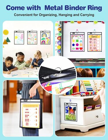 SUNEE 6 Packs Oversized Reusable Dry Erase Pocket Sleeves with Binder Ring, 6 Morandi Colors 10x14 Ticket Holders, Clear Plastic Sheet Protectors, Teacher School Classroom Supplies in Saudi Arabia