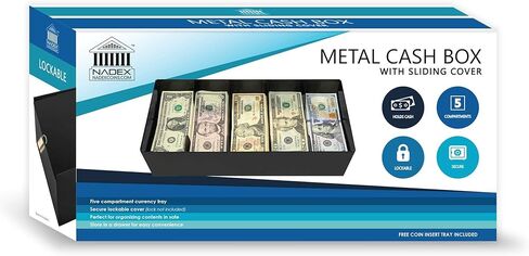 صينية عملات معدنية قابلة للقفل من Nadex مكونة من 5 أقسام مع إدراج صينية للعملات المعدنية وأغلفة الفواتير | صندوق نقود بغطاء منزلق قابل للقفل | القفل غير متضمن in Kuwait
