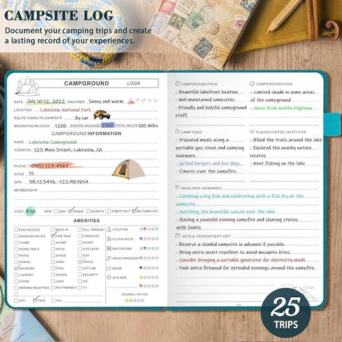 Camping Journal and RV Travel Log Book, A5 Outdoor Camp & Adventure Book for 25 Campsites, Hiking Journal, Family Travel Books Camper Essentials Camping Gifts for Women-Dark Green in Kuwait